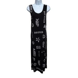 Vtg Royal Creations Hawaii Midi Dress Womens Large Black White Fish Tribal Tiki